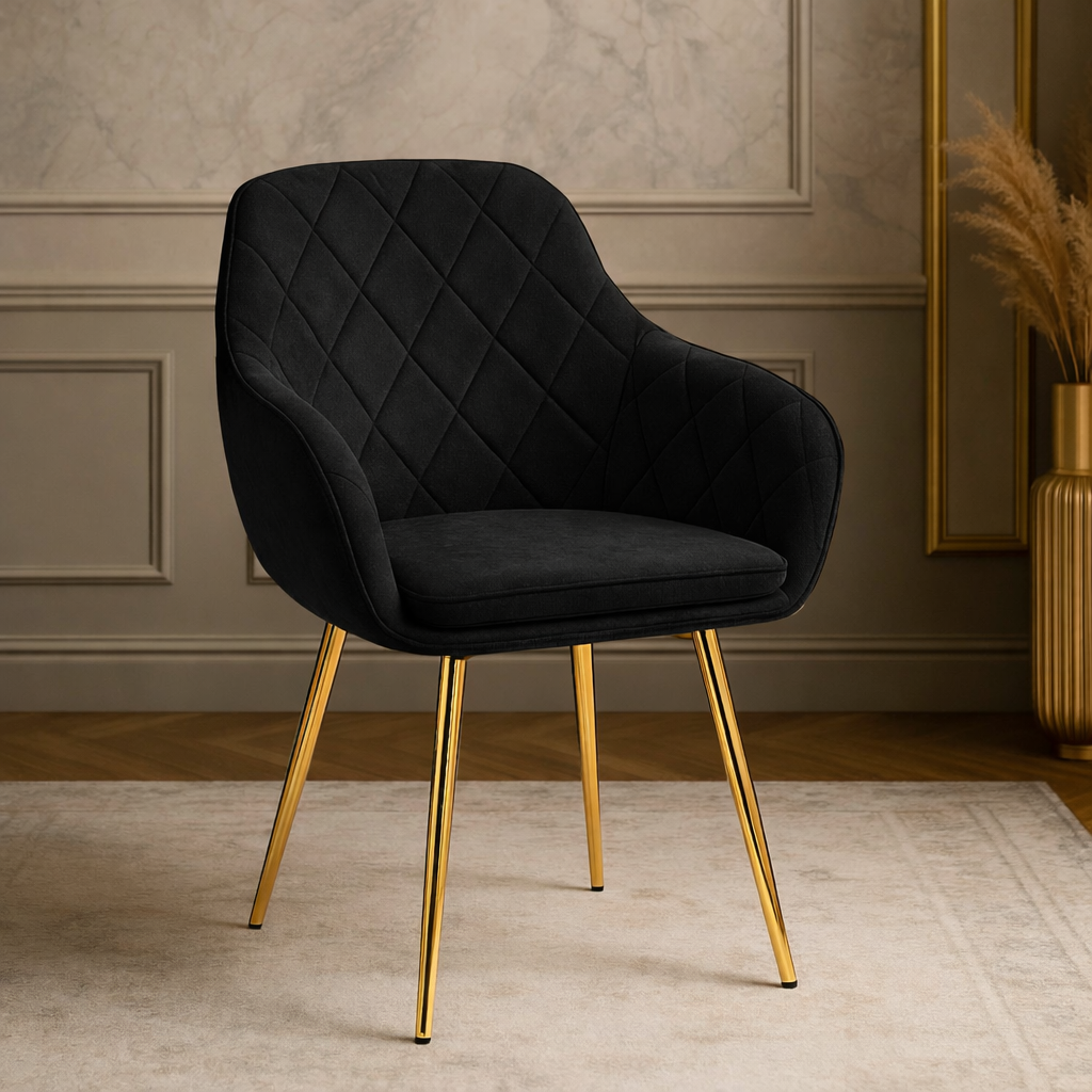 Krzesło z Podłokietnikami Tapicerowane Welurowe Romby Czarne Salon Kuchnia