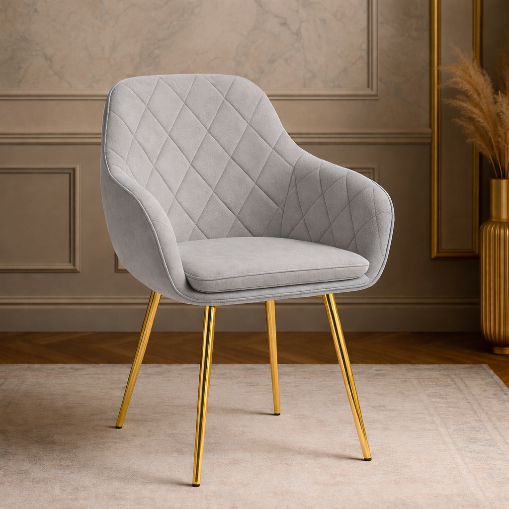 Krzesło z Podłokietnikami Tapicerowane Welurowe Romby Szare Salon Kuchnia