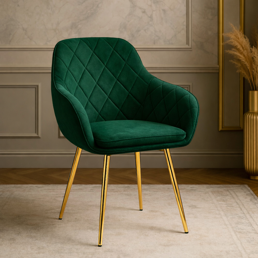 Krzesło z Podłokietnikami Tapicerowane Welurowe Romby Zielone Salon Kuchnia