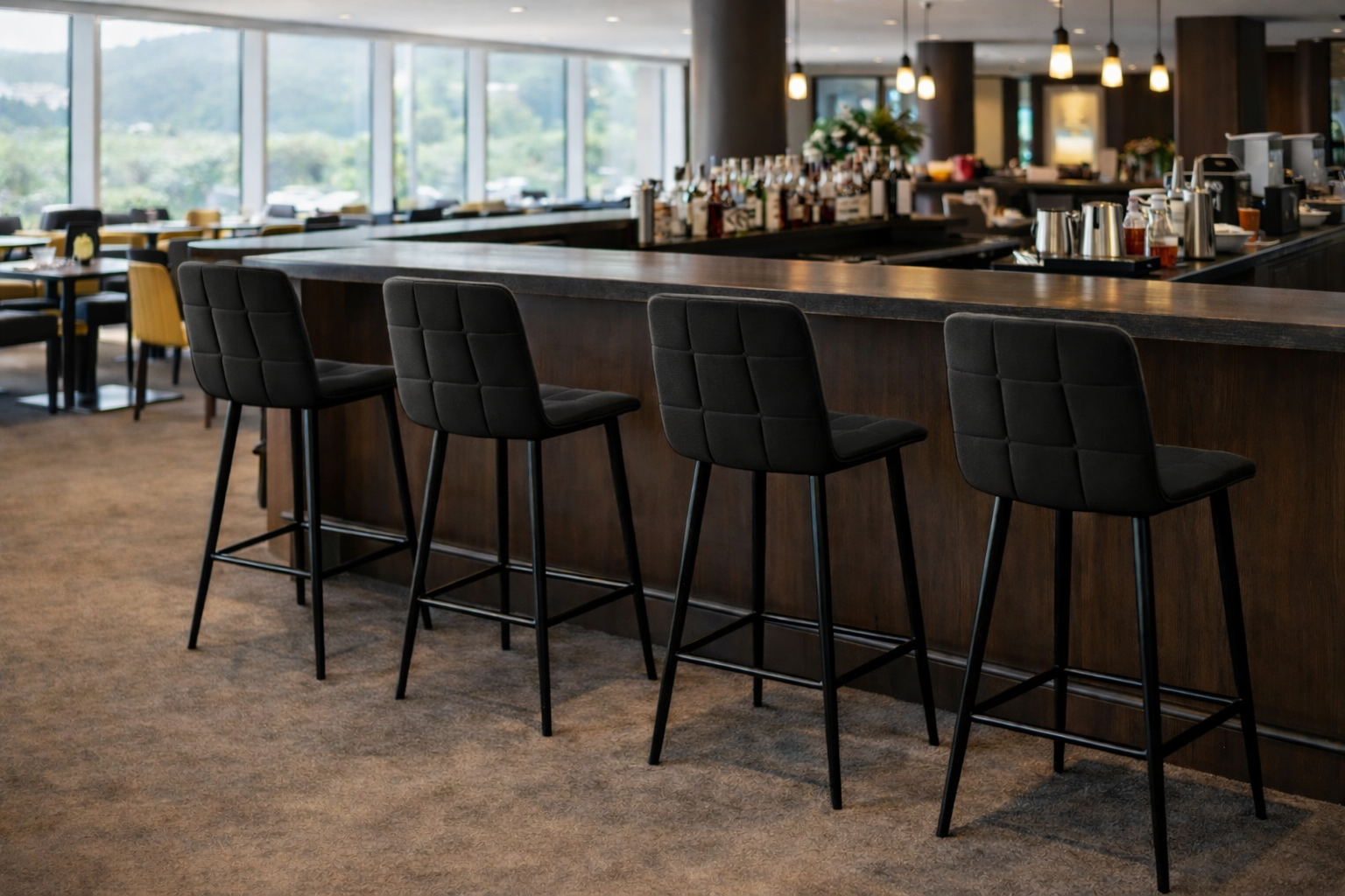 Krzesło Wysoki Pikowany Welur Glamour Czarne Kuchenne Barowe