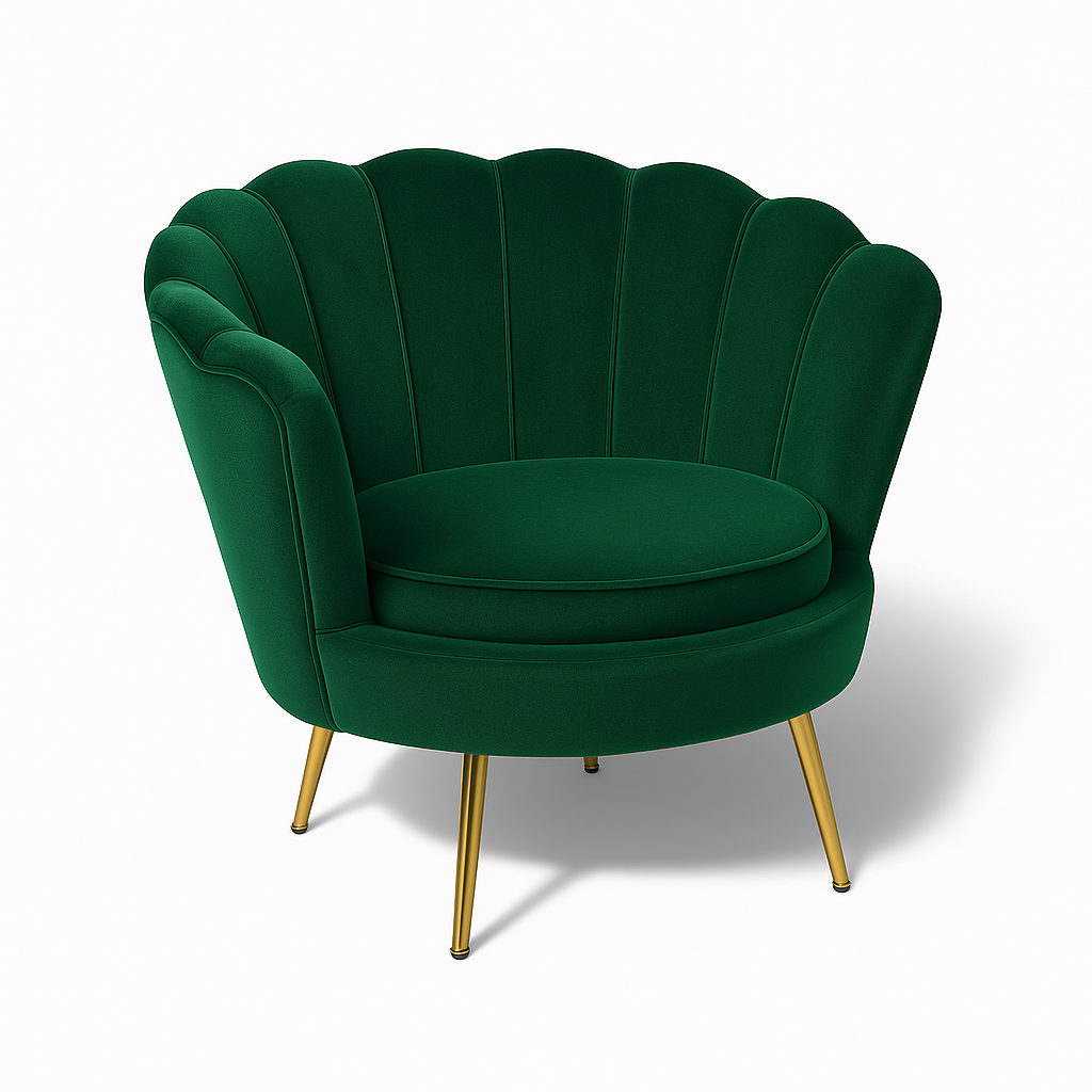 Fotel muszelka velvet glamour złote nogi – zielony