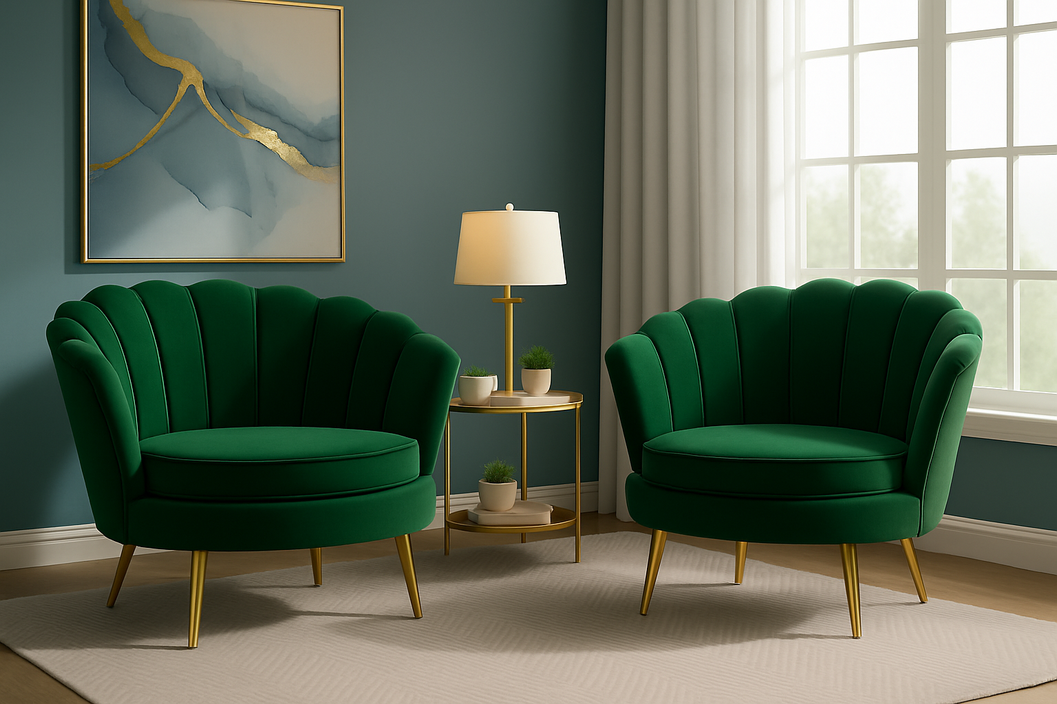 Fotel muszelka velvet glamour złote nogi – zielony