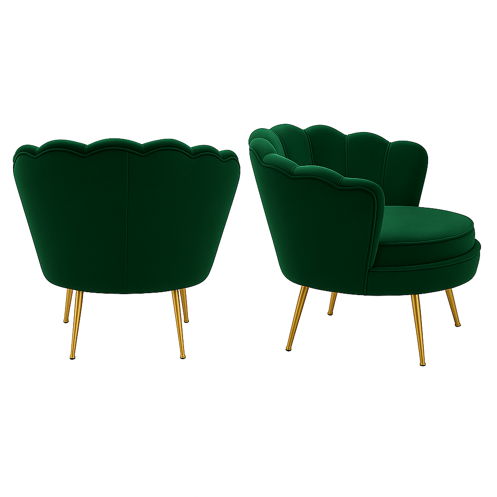 Fotel muszelka velvet glamour złote nogi – zielony