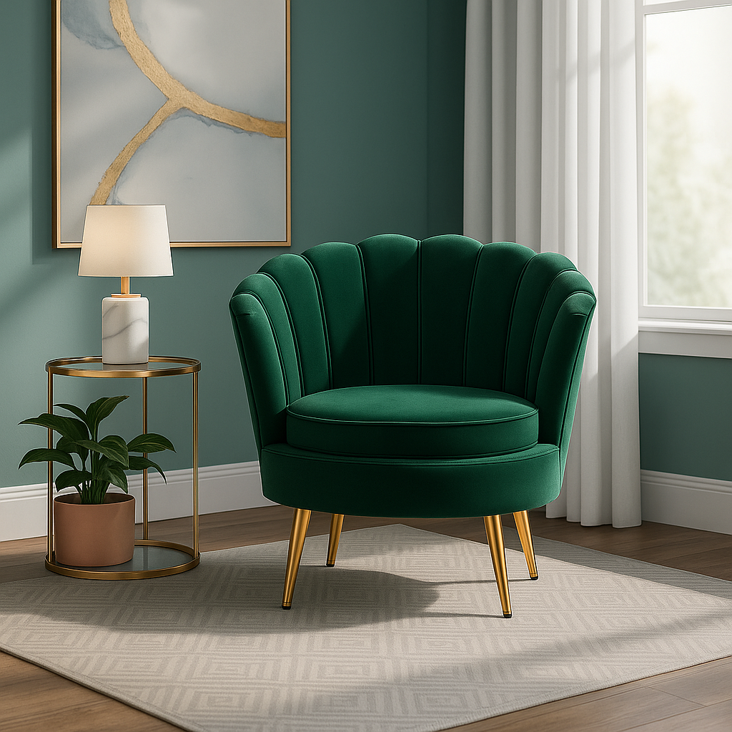 Fotel muszelka velvet glamour złote nogi – zielony