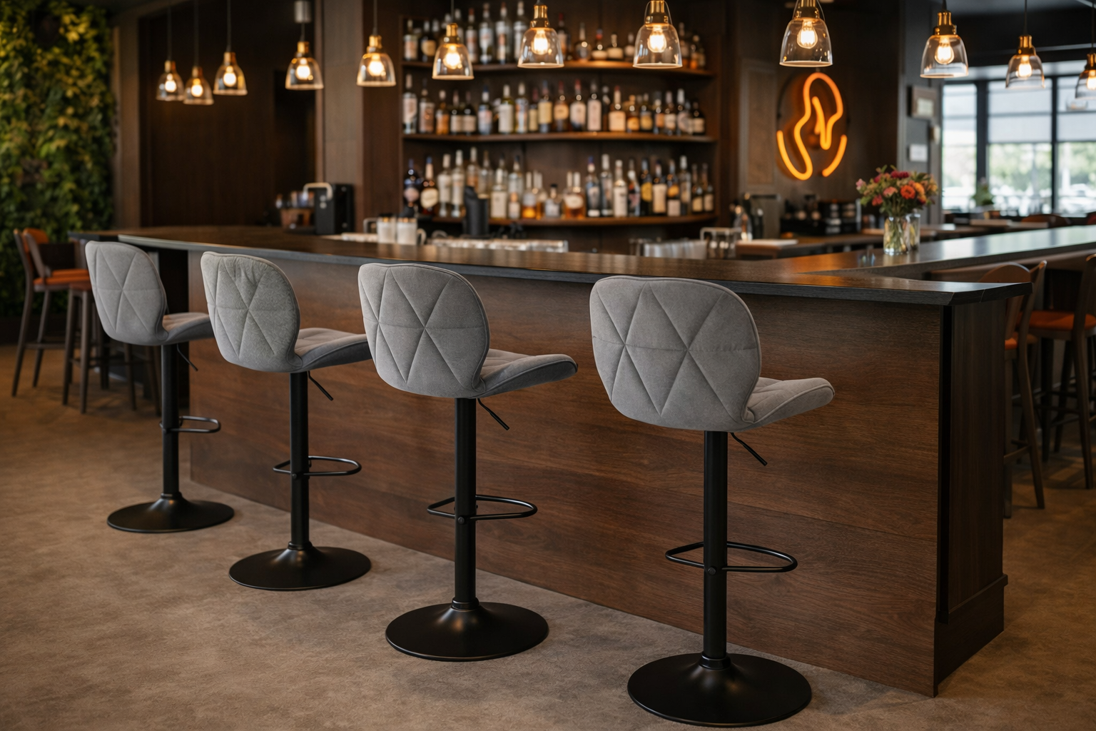 Hoker Obrotowy Pikowany Welur Krzesło Barowe Regulowane Szare Do Salonu