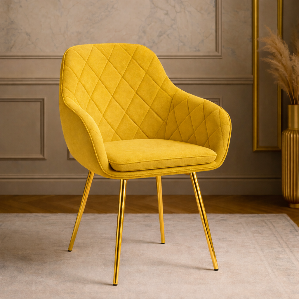 Krzesło z Podłokietnikami Tapicerowane Welurowe Romby Żółte Salon Kuchnia