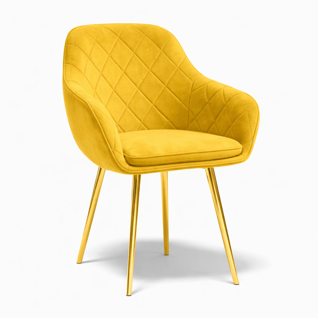 Krzesło z Podłokietnikami Tapicerowane Welurowe Romby Żółte Salon Kuchnia
