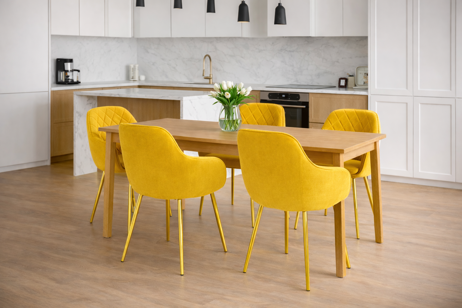 Krzesło z Podłokietnikami Tapicerowane Welurowe Romby Żółte Salon Kuchnia