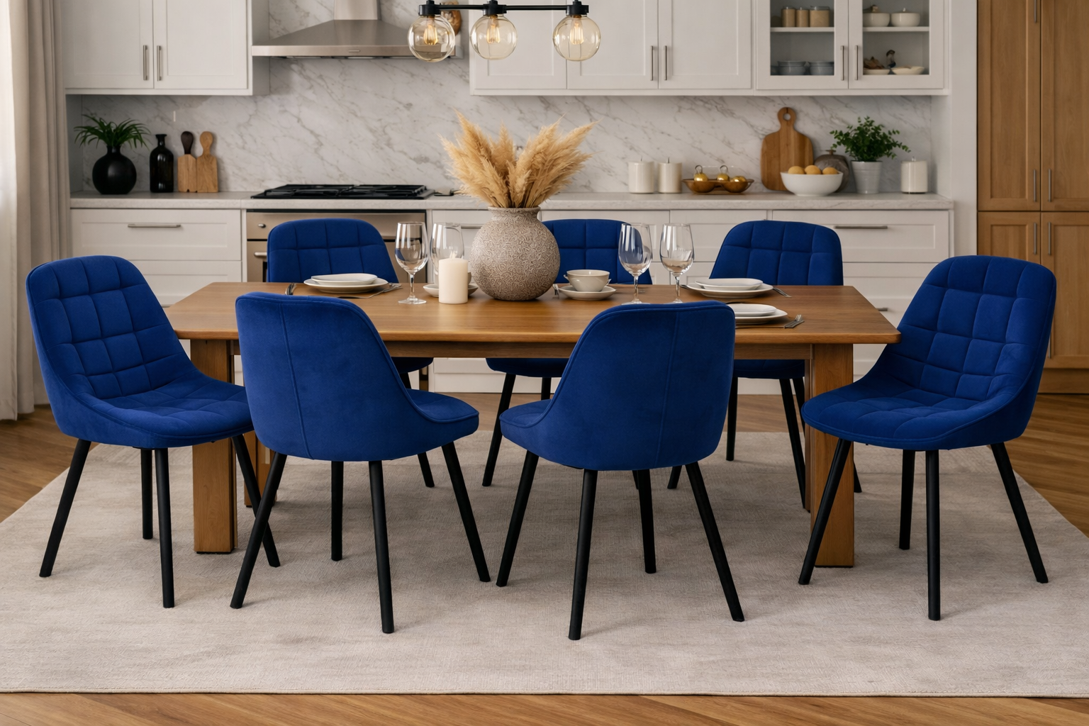 Granatowe Krzesło obrotowe do Jadalni Pikowany Welur na Metalowych Nogach