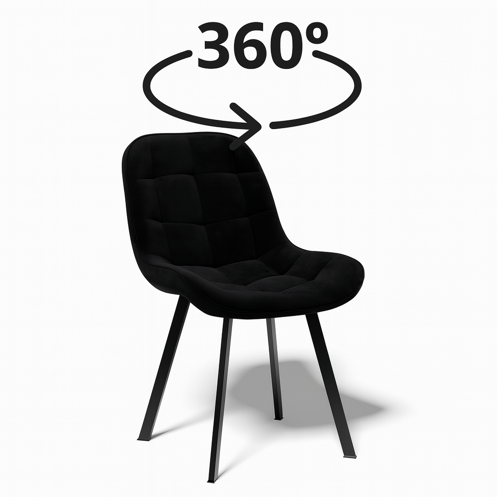 Czarne Krzesło obrotowe do Jadalni Pikowany Welur na Metalowych Nogach