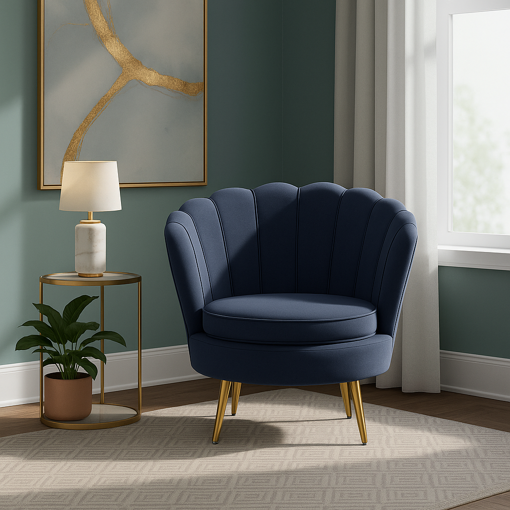 Fotel muszelka velvet glamour złote nogi – niebieski