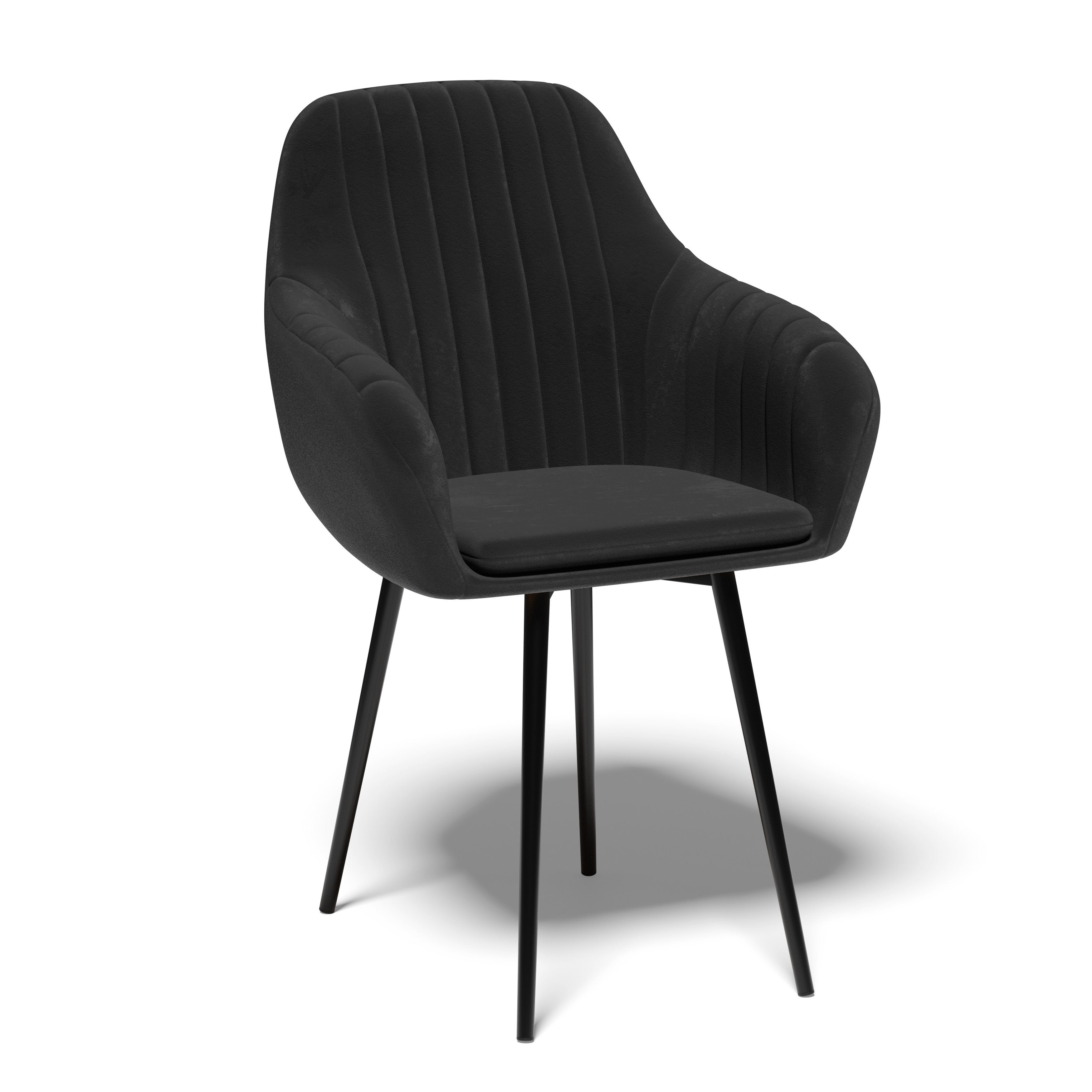 Krzesło z Podłokietnikami Czarne Tapicerowane Welurowe Do Salonu i Kuchni